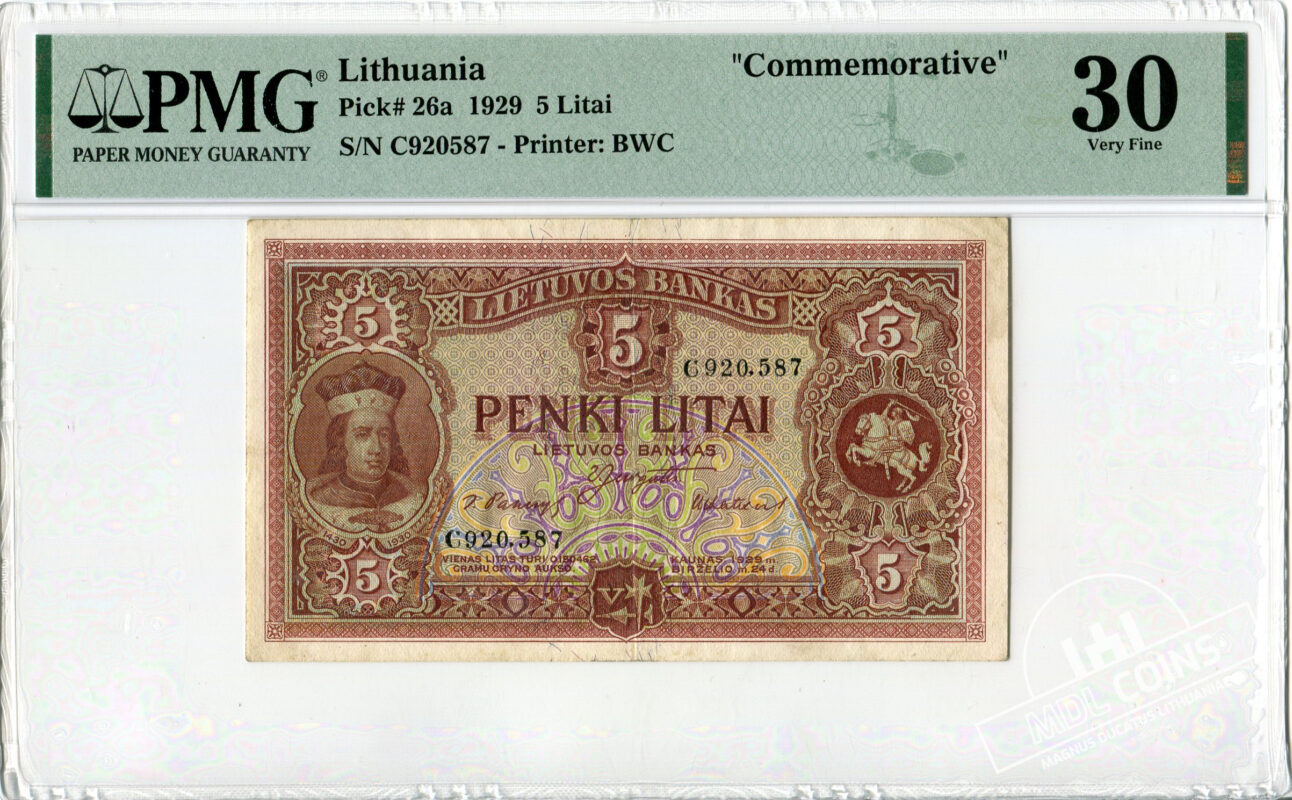 1929 Metų 5 Litai – C Serija – PMG 30 Very Fine – MDL – Magnus Ducatus ...