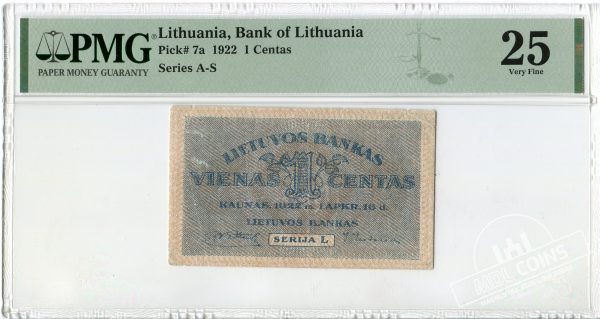 1922 metų 1 centas - L serija - PMG 25 Very Fine